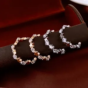 Copper C-Shaped Hoop Earrings With Zircon Star Geometric Design And 925 Sterling Silver Earring Post For Women Fashion