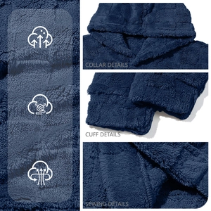 Navy blue fleece hoodie featuring collar, cuff and sewing details in high quality
