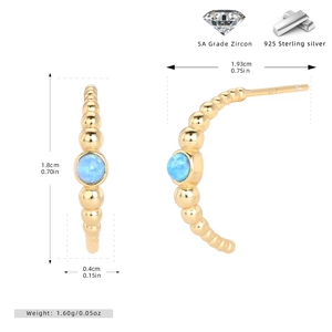 Detail view of S925 sterling silver hoop earrings with blue opal and zirconia stones