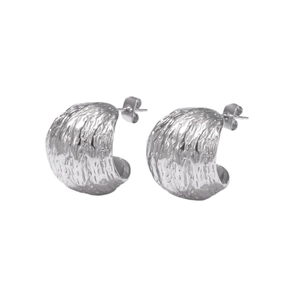 Silver C-shape hoop earrings with hammered metal texture and minimalist irregular design