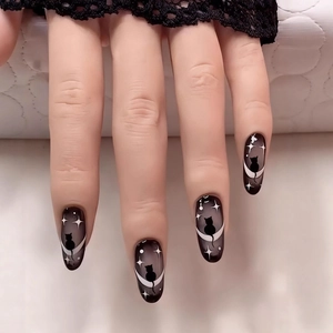 Long Almond Press On Nails Dark Gothic Style Black Grey Gradient Cat Moon Starry Night Design ABS False Nails