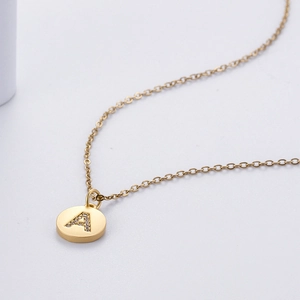 Polished gold stainless steel O-chain necklace with micro-pave zircon letter A pendant