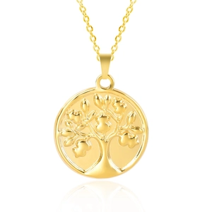 Close-up of 18k gold plated stainless steel tree of life pendant with mirror finish