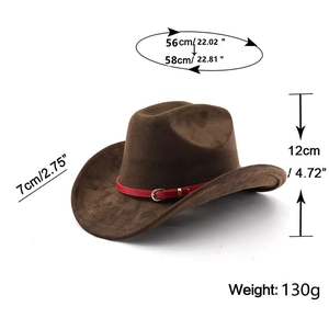 Details zur braunen Filz-Cowboyhut mit Maßen für Krempe, Kronenhöhe und Kopfumfang