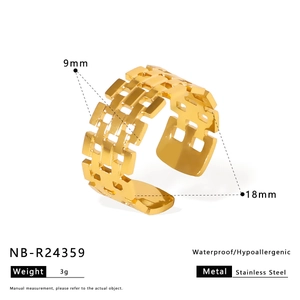 Detail of adjustable gold stainless steel ring with square hollow chain design and specs