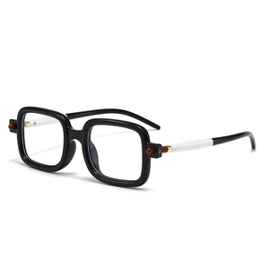 Modern square black sunglasses with black and white contrast temples and metal hinges