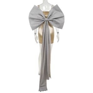 Détails du dos d'une robe en soie champagne avec un grand nœud décoratif en paillettes argent