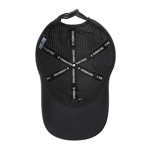 Internal view of black breathable mesh baseball cap with reinforced stitched taping