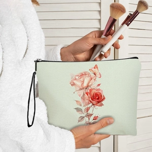 Floral Rose Butterfly Print Cosmetic Bag Fine Linen Zipper Makeup Pouch With Wristlet Handle Travel Toiletry Storage