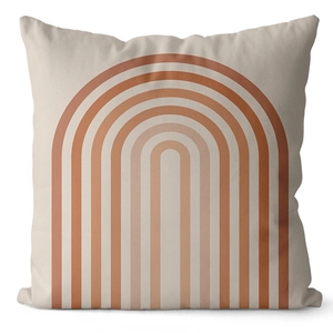 Detail of cream pillowcase featuring burnt orange bohemian rainbow arch printed pattern