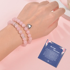 Pink zebra stone bead bracelet with silver heart pendant and inspirational greeting card