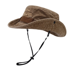 Outdoor sun hat in dark brown washed canvas with western cowboy style and windproof rope