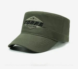Detail of army green flat top cap with embroidered Corps Expedition diamond patch