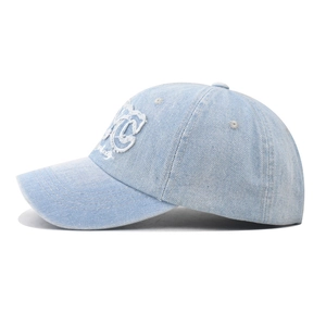 Light blue washed denim baseball cap with white 3D letter C embroidery for unisex wear