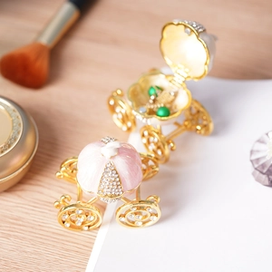 Exquisite pumpkin carriage jewelry box with crystal accents and enamel finish