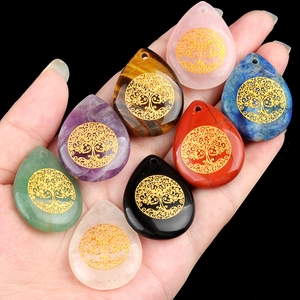 Tree Of Life Carved Teardrop Pendant Natural Gemstone Crystal Healing Stone Reiki Jewelry Accessory For Necklace DIY