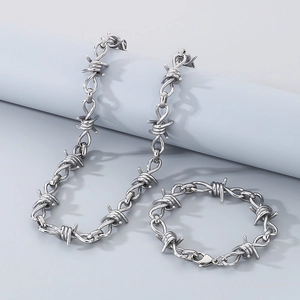 Hip hop punk style silver metal thorn barbed wire chain necklace and bracelet jewelry set