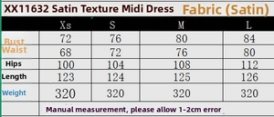 Size chart detail for the midi satin dress showing precise measurements in centimeters