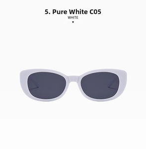 Macro detail of retro white oval sunglasses with deep gray lenses and slim temples