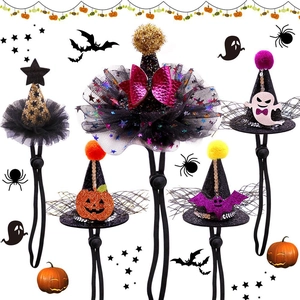 Detail of adjustable Halloween mini witch hats for pets with felt and sequin textures