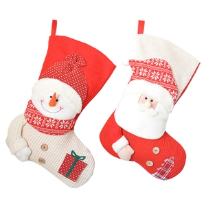 Thick knitted Christmas stockings set featuring plush 3D Santa and snowman characters