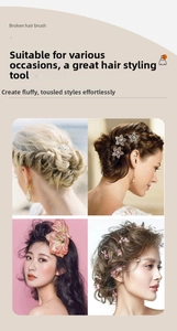 Hair styling tool kit showing four different hairstyles created with a teasing brush