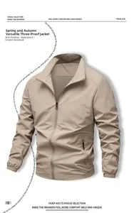 Detail view of khaki water-resistant stand collar jacket with stain-proof fabric features