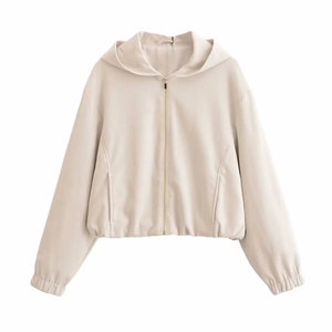 Damen Kapuzenjacke aus Kunstleder in Creme mit Reißverschluss und elastischen Bündchen