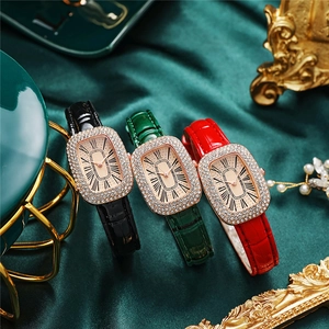 Luxury quartz watch set with diamond bezel and leather strap in green, black and red