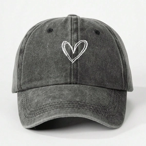 Adjustable washed cotton baseball cap for kids with heart embroidery in dark grey