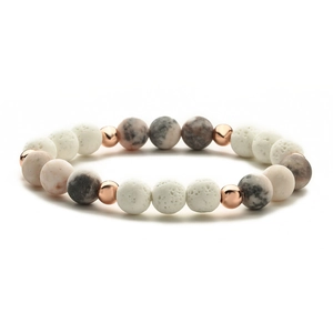 Handmade beaded bracelet with purple amethyst, zebra stone, and lava rock beads