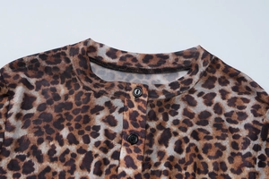 Close-up of leopard print mesh top showing the round neckline and black button closure