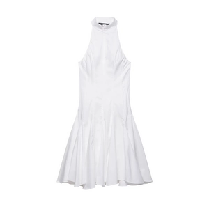 Robe Midi Blanche À Licou Sans Manches Taille Haute Trapèze Polyester Élégante Mode Femmes
