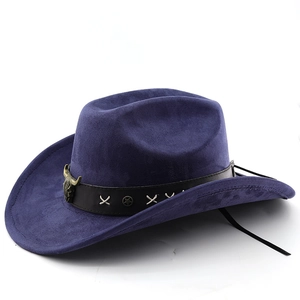 Detail of dark blue suede cowboy hat with bronze bull head ornament and star studs