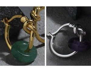 Split view showcasing gold knot hoop earrings with green bead and silver with purple stone