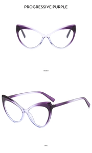 Front and side view of cat eye anti-blue light glasses frame in progressive purple finish