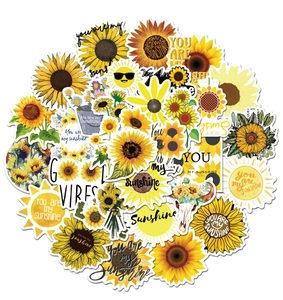 Detail showing various sunflower themed stickers with positive text and yellow floral designs