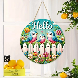 Rustic wooden Spring Welcome sign featuring cartoon blue birds and flowers with Hello text