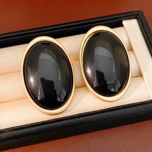 Vintage Oval Resin Stud Earrings With Silver Earring Post Alloy Gold Plated French Style Elegant Jewelry For Women