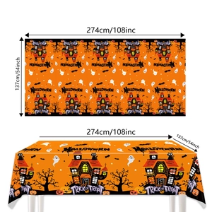 Halloween tablecloth showing spooky house and ghost patterns with 274x137cm dimensions