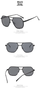 Detailed views of black pilot sunglasses with double bridge and UV protection lenses