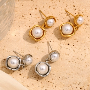 Dual-tone 18K gold and silver plated 316L stainless steel pearl drop earrings for women