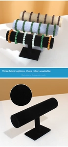 Three-tier T-bar jewelry stand in velvet and linen textures for bracelet display