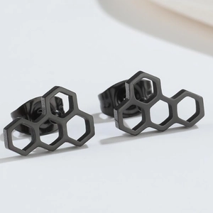 Minimalist black hexagon honeycomb earrings in matte stainless steel geometric design