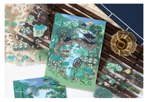 Autocollants PET détaillés avec illustrations de paysages sur fond de tapis en bambou