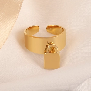 Stainless Steel Padlock Charm Ring Adjustable Wide Band Gold Plated Punk Fashion Statement Jewelry For Women Girls
