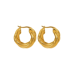 Polished 18K gold plated twisted hoop earrings with chunky metal texture and latch back