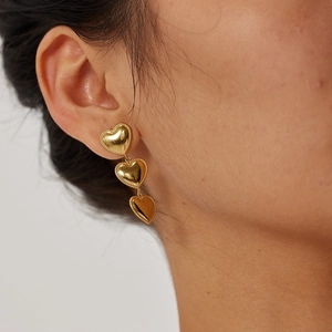 Elegant 18K gold plated stainless steel triple heart drop earrings with beaded edges