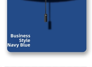 Detail of navy blue automatic umbrella mechanism with white arrows for business use