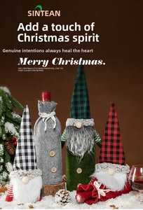 Detail of Christmas wine bottle covers featuring Nordic gnomes in plaid hats and knit fabric